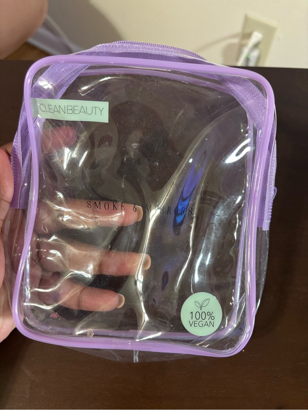Smoke & Mirrors Cosmetics Clear Makeup Bag Purple Trim Travel Cosmetic Pouch